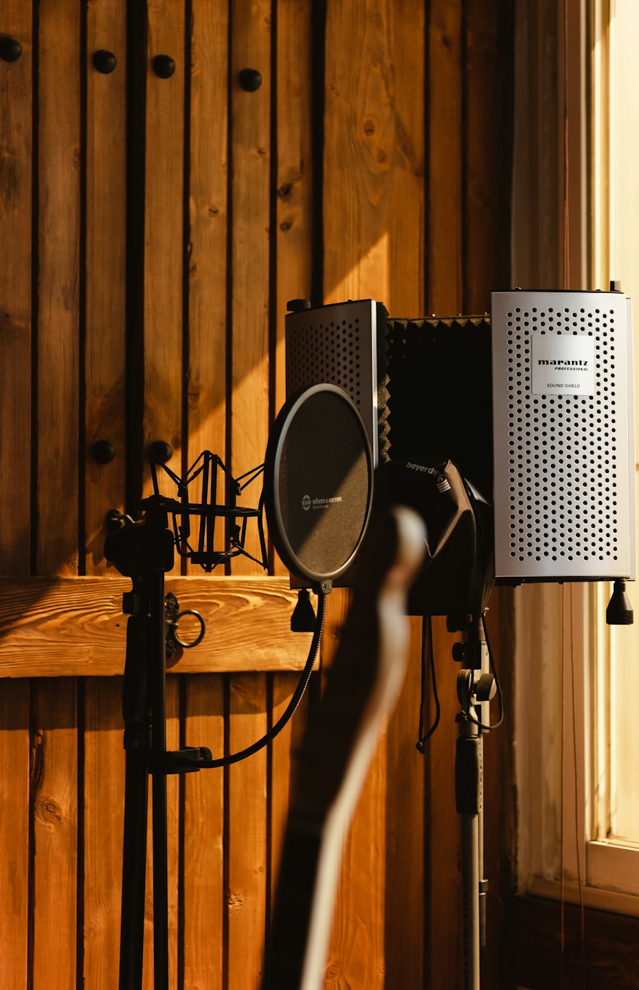 Microfono professionale e filtro anti-pop in uno studio di registrazione.